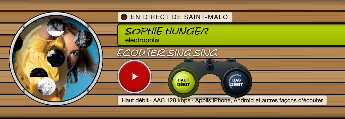 Le lecteur de l'accueil : pochette, titre en cours, bouton rouge et jumelles Haut débit / Bas débit