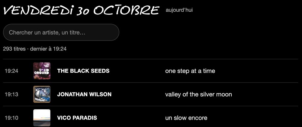 La page Programmation : jour, recherche et liste des titres avec leur pochette